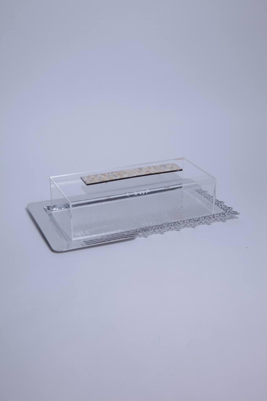 " rectangular metal tray with lace pattern and plixiglass cover shape 2"