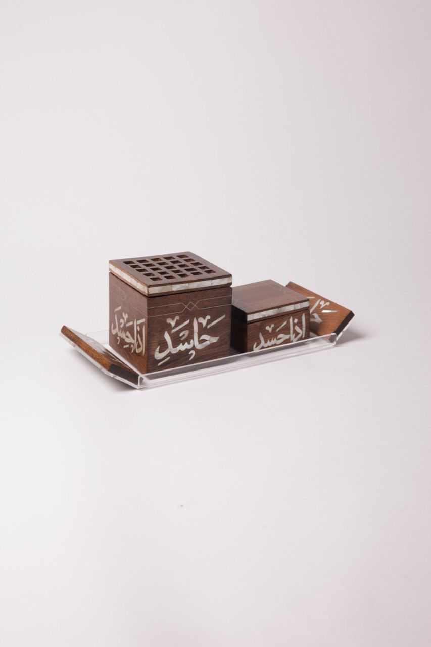 Msadaf wooden incense burner and bukhoor storage set