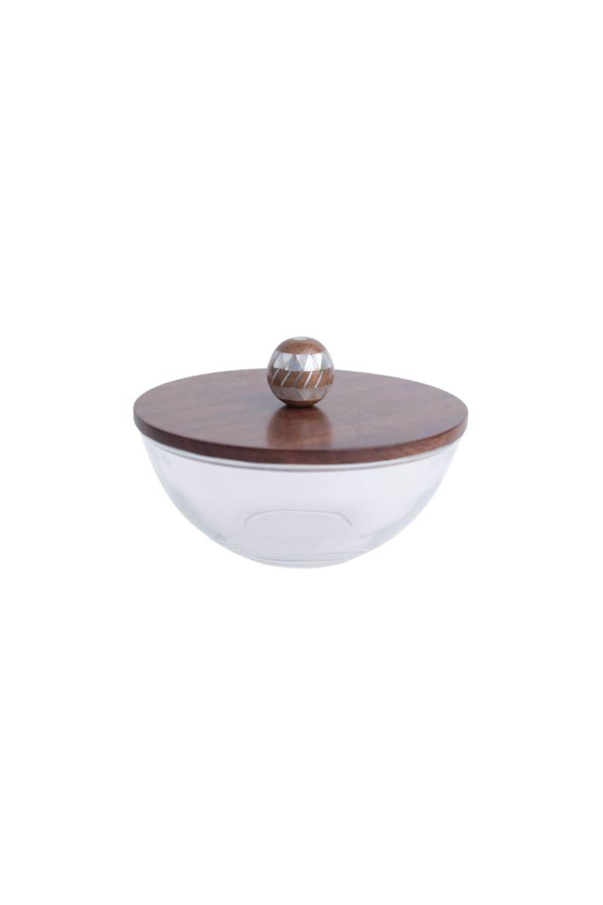 Round Glass Bowle Msadaf wooden Top Cover Handle Brown Ball