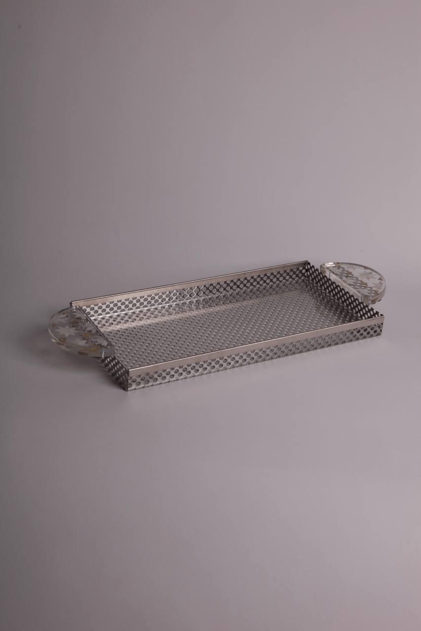 rectangular metal tray with half plixiglass with white flowers holder