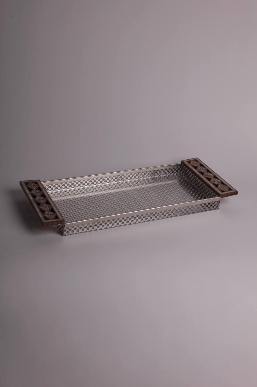 rectangular metal tray with msadaf wood with flower pattern