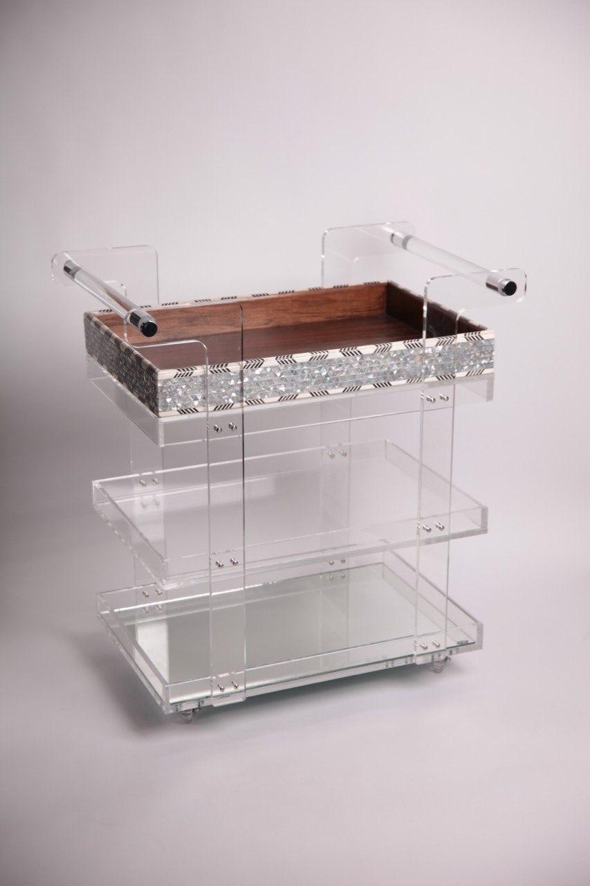 Msadaf Plexiglas Trolly and Black and White Tray (Holder On The Top)
