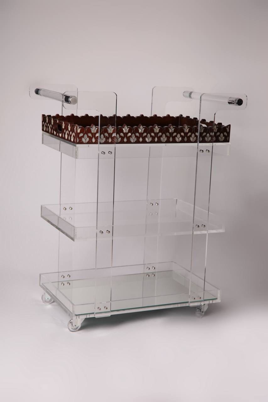 Msadaf Plexiglass Trolly and Dark Wooden Tray With Waves Pattern Of Mother Of Pearl ( Holder On The Top )