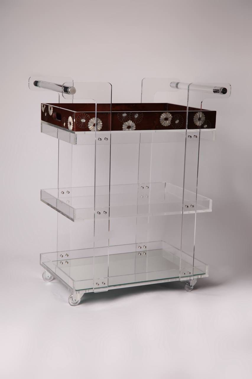 Msadaf Plexiglass Trolly and Dark Wooden Tray With Waves Pattern Of Mother Of Pearl ( Holder On The Top )