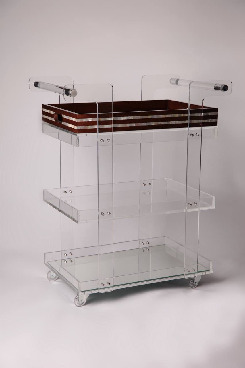 Msadaf Plexiglass Trolly and Dark Wooden Tray With Pattern Of Mother Of Pearl ( Holder On The Top )