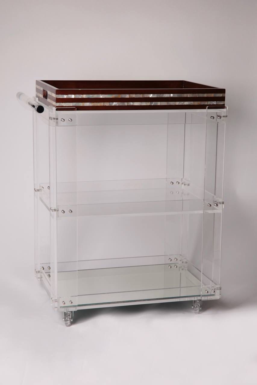 Msadaf Plexiglass Trolly and Dark Wooden Tray With Pattern Of Mother Of Pearl ( Holder On The Top