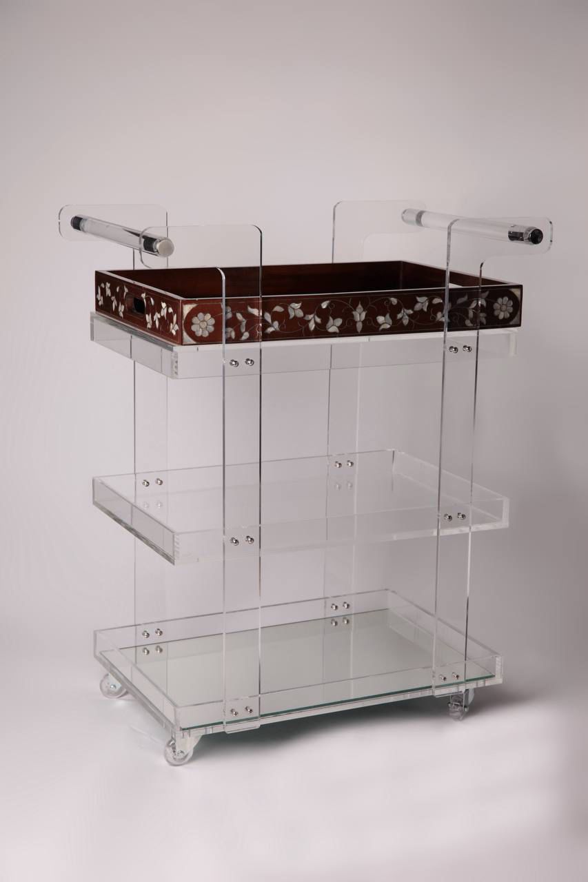 Msadaf Plexiglass Trolly and Dark Wooden Tray With Pattern Of Mother Of Pearl ( Holder On The Top