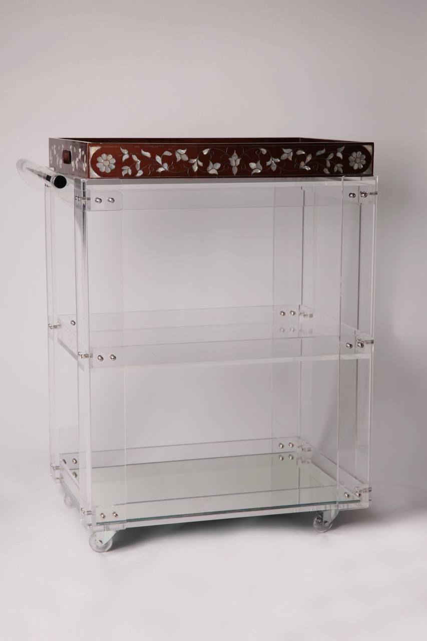 Msadaf Plexiglass Trolly and Dark Wooden Tray With Pattern Of Mother Of Pearl ( Holder On The Top