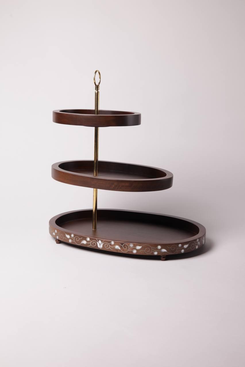 Msadaf Wooden Multi Levels Trays With Brass Colum