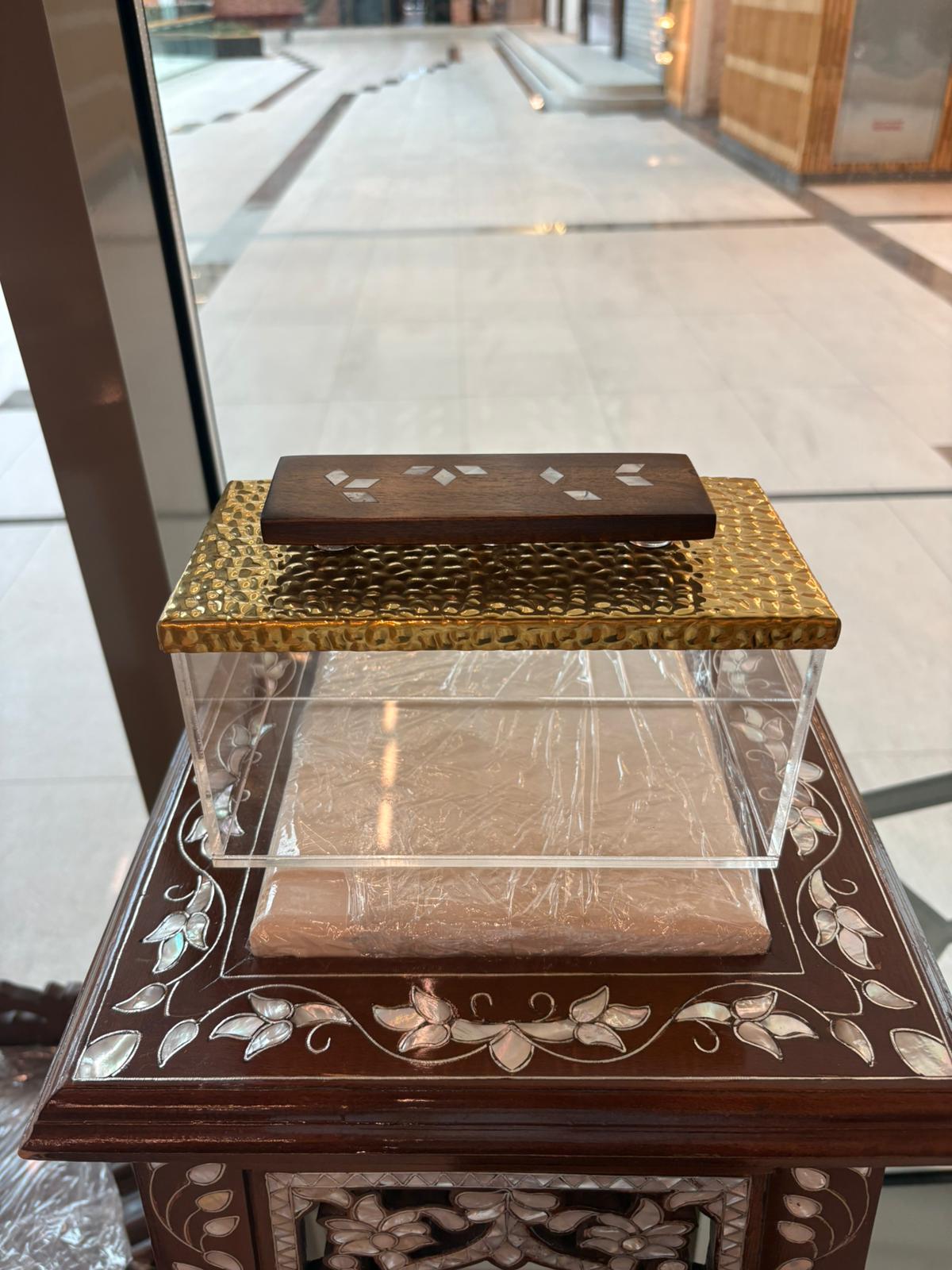 Rectangular Plexiglass Box With Gold Cover With Msadaf Wooden Handle Size Big