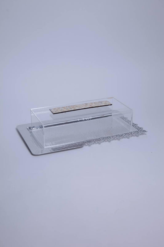 " rectangular metal tray with lace  pattern and plixiglass cover shape 2"