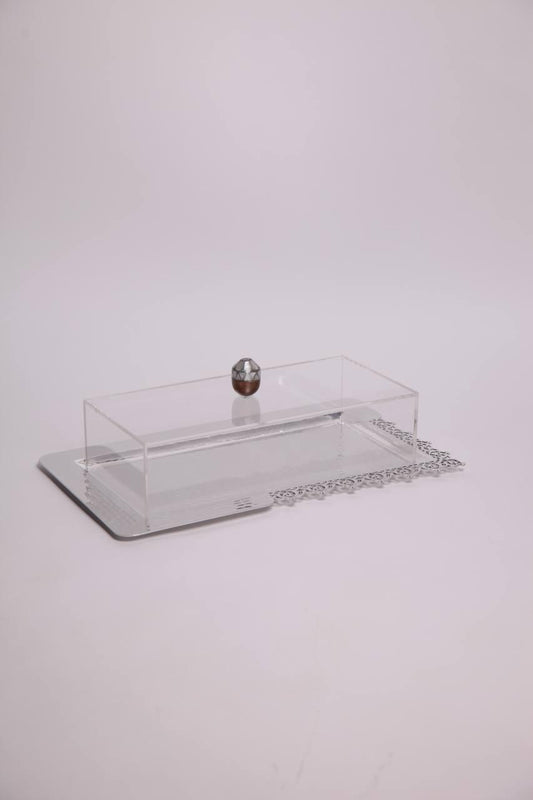 " rectangular metal tray with lace  pattern and plixiglass cover shape 1"