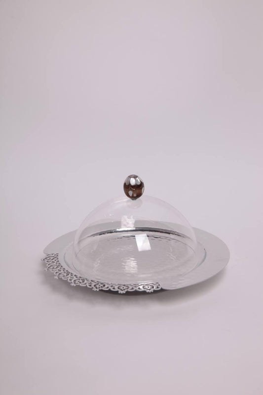 Round metal lace tray with msadaf plixiglass cover. size: small