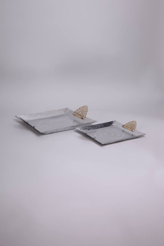 Metal tray with golden handle