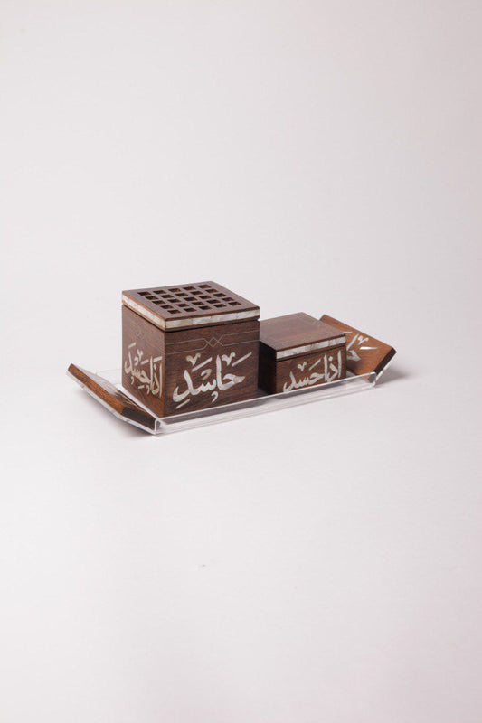 Msadaf wooden incense burner and bukhoor storage set