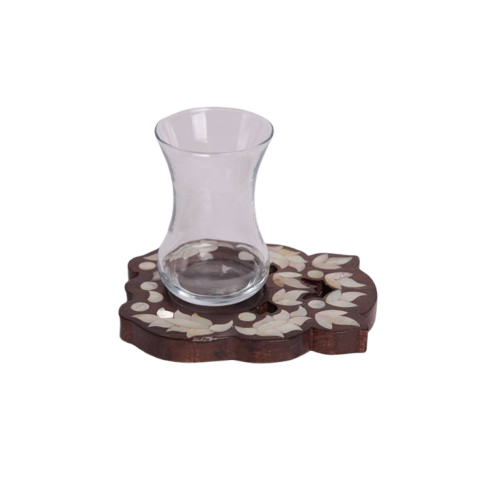 Set of tea glasses with oval msadaf wooden base. pattern full tulip