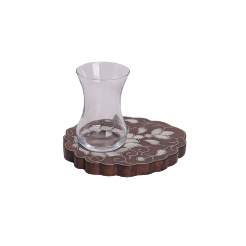 Set of tea glasses with oval msadaf wooden base. pattern partial tulip