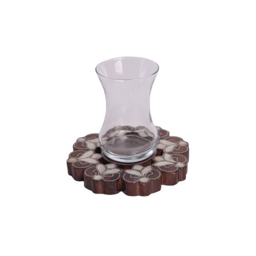 Set of tea glasses with round msadaf wooden base. pattern tulip