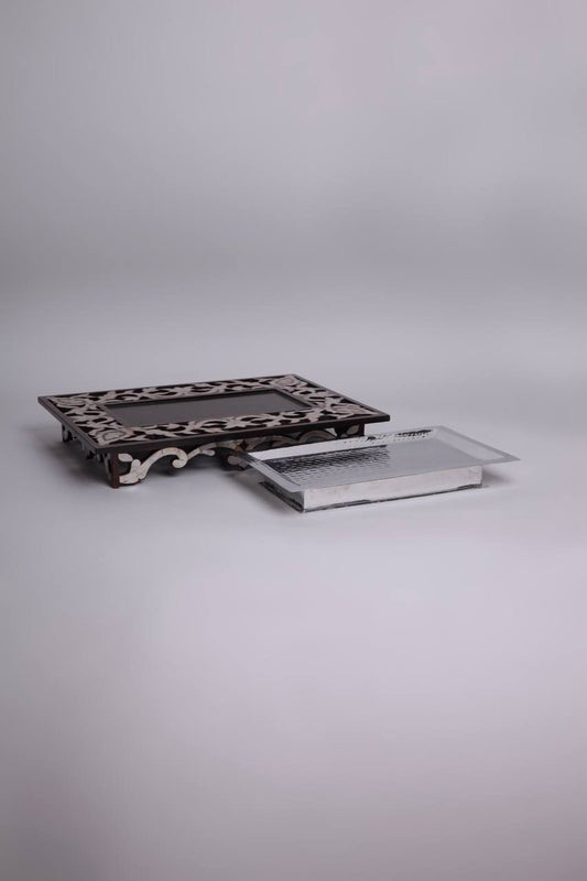 Set of serving trays consists of metal and msadaf wooden rectangular shape