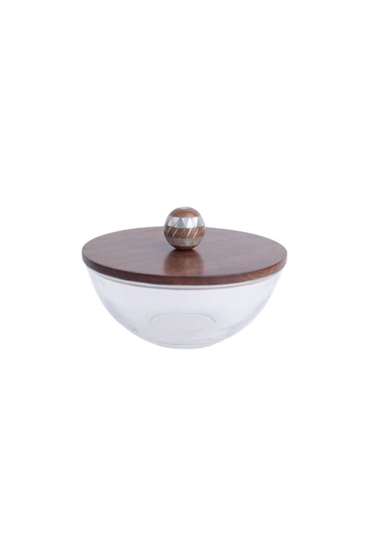 Round Glass Bowle Msadaf wooden Top Cover Handle Brown Ball