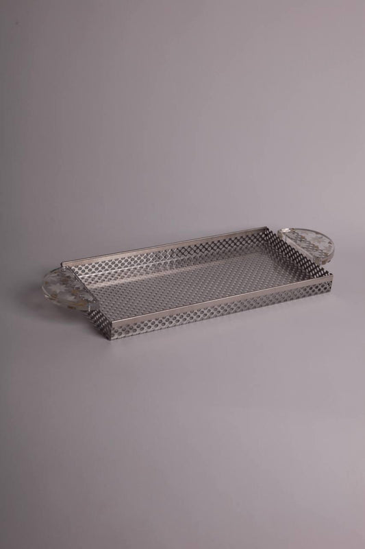 rectangular metal tray with half plixiglass with white flowers holder