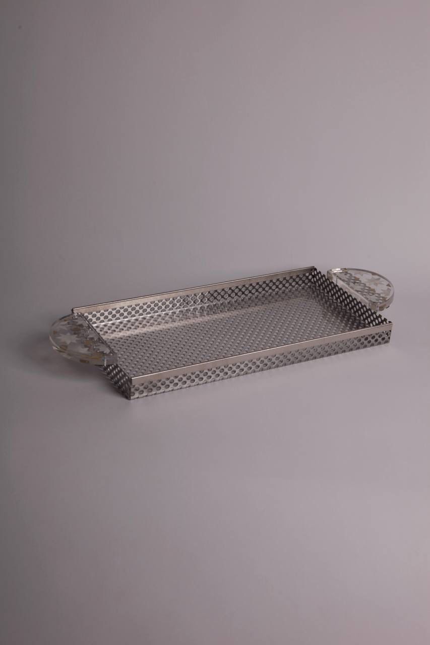 rectangular metal tray with half plixiglass with white stars holder