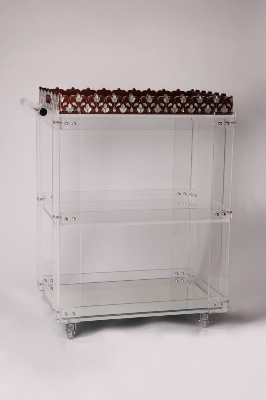 Msadaf Plexiglass Trolly and Dark Wooden Tray With  Pattern Of Mother Of Pearl ( Holder On The Top