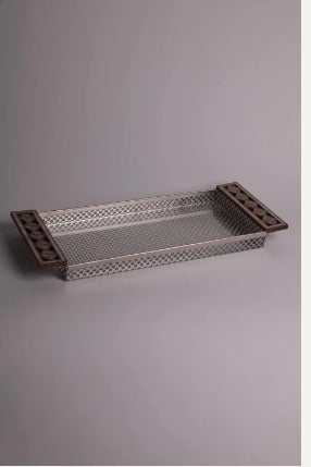Rectangular metal tray with msadaf wood with flower pattern
