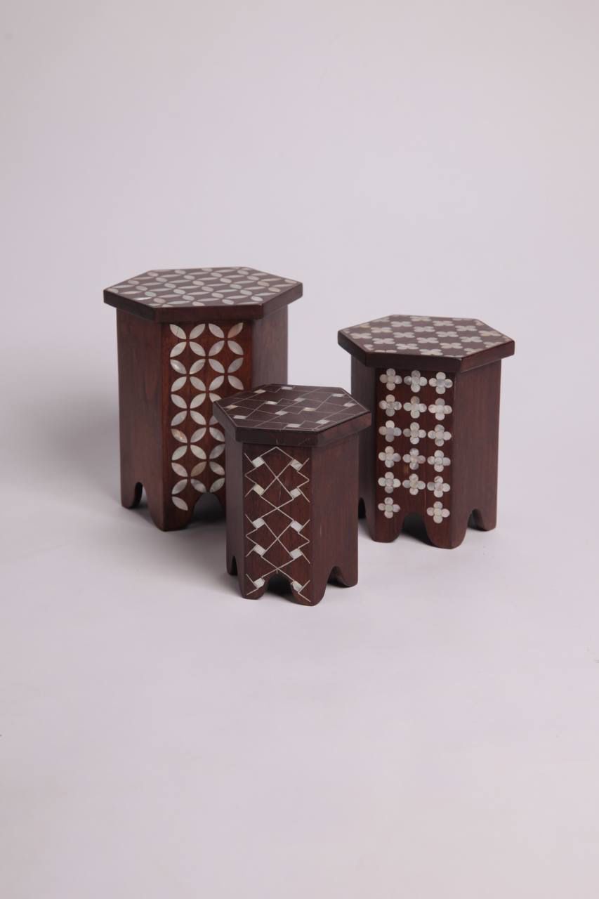 Set Of Three Msadaf Wooden Hexagonal Serving Stand