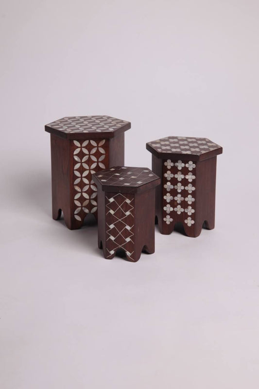 Set Of Three Msadaf Wooden Hexagonal Serving Stand