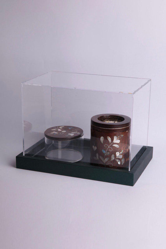 Msadaf  Wooden Incense Burner With Acrylic Round Storage Box Top Wooden With Plexi box