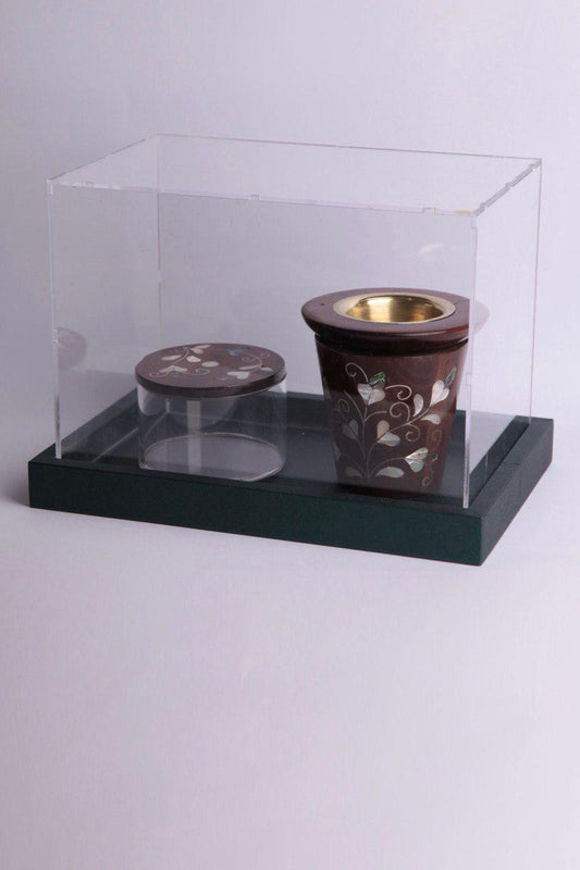 Msadaf  Wooden Incense Burner With Acrylic Round Storage Box Top Wooden With Plexi box