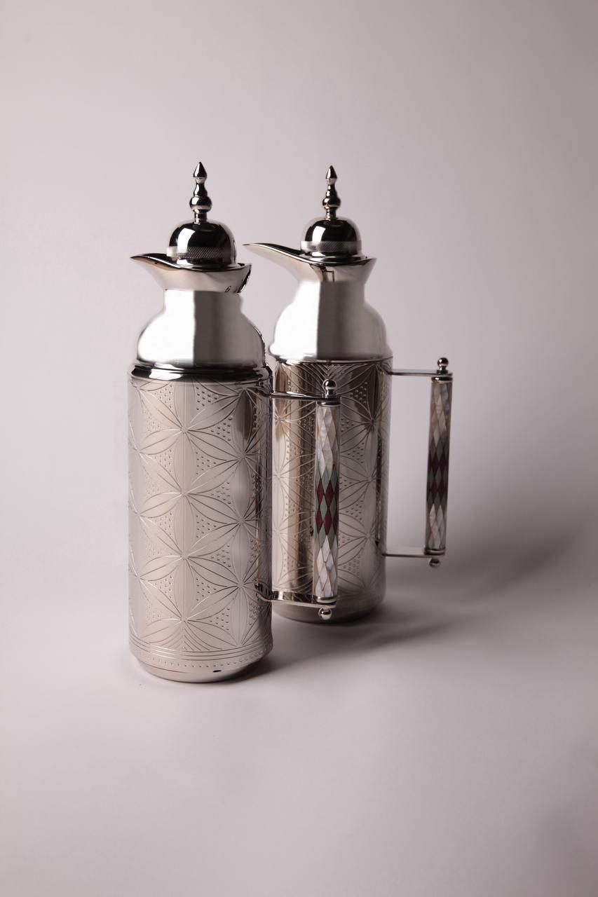 Msadaf Wooden Handle Silver Material Flask Set