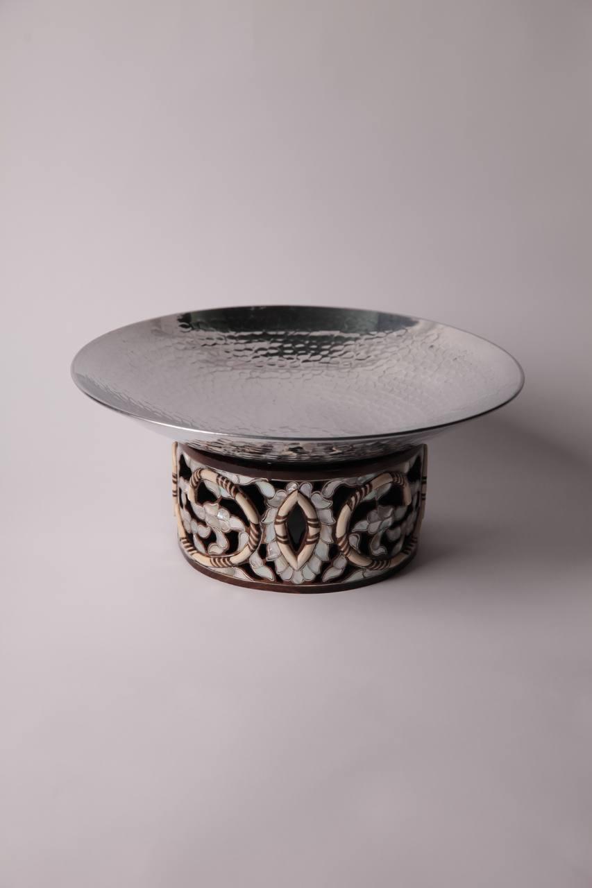 Msadaf Wooden Round  Base With Metal Tray 2