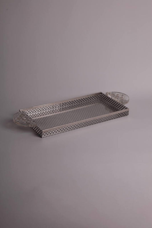 rectangular metal tray with half plixiglass with white flowers holder