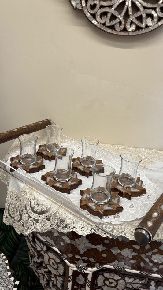 Tea glasses with msadaf wooden base pattern & Plexiglass Tary And Msadaf Wooden Handle