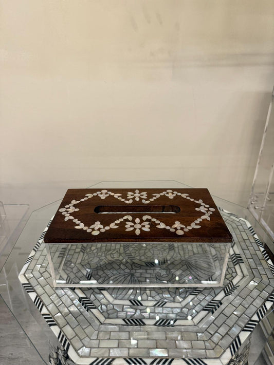 Acrylic Tissue Box Top Wooden Msadaf Line Flower Pattern