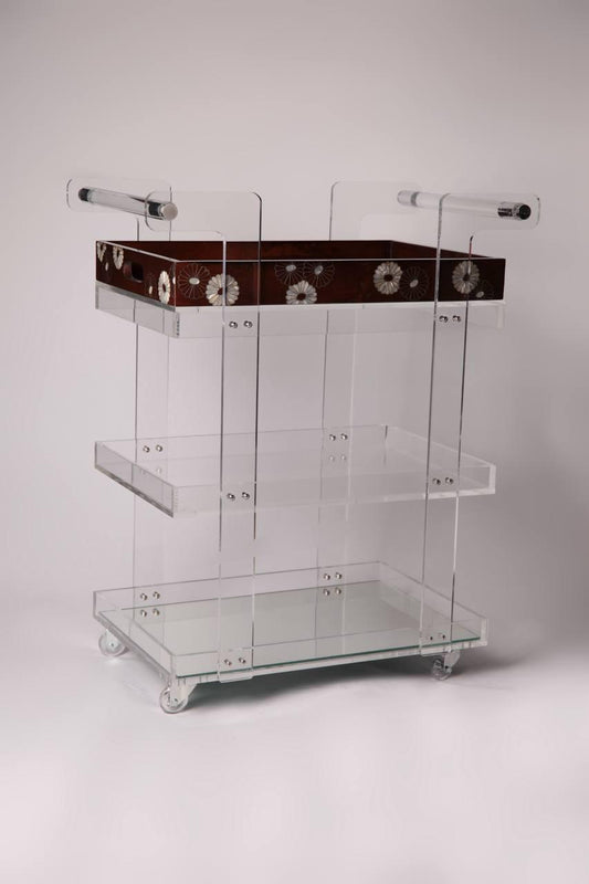 Msadaf Plexiglass Trolly and Dark Wooden Tray With Waves Pattern Of Mother Of Pearl ( Holder On The Top )