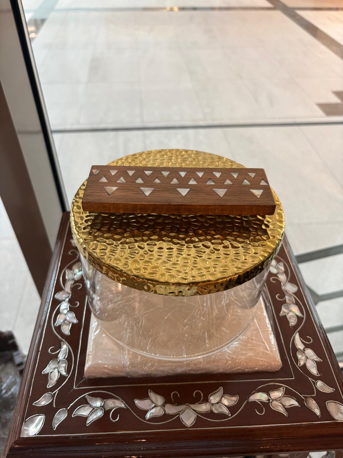 Circle Plexiglass Box With Golden Cover With Msadaf Wooden Handle Size Small