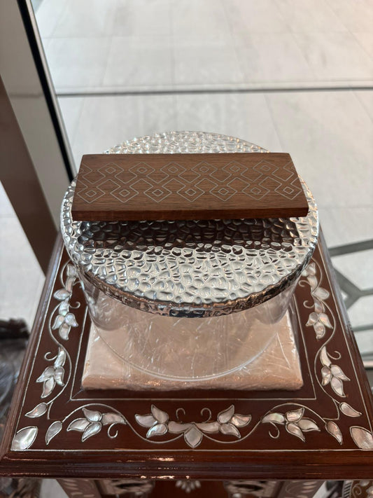 Circle Plexiglass Box With Silver b Cover With Msadaf Wooden Handle Size Big