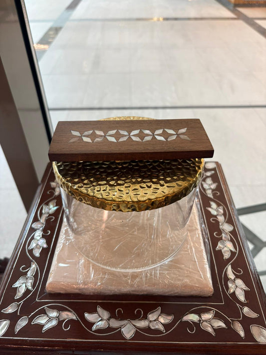 Circle Plexiglass Box With Golden Cover With Msadaf Wooden Handle Size Medium