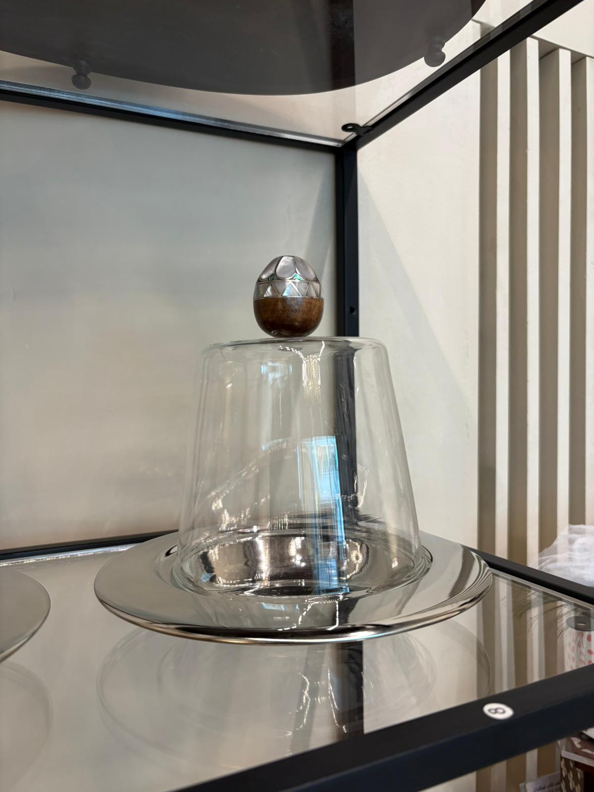 Silver palate And Glass Cover With Msadaf Wooden Handle