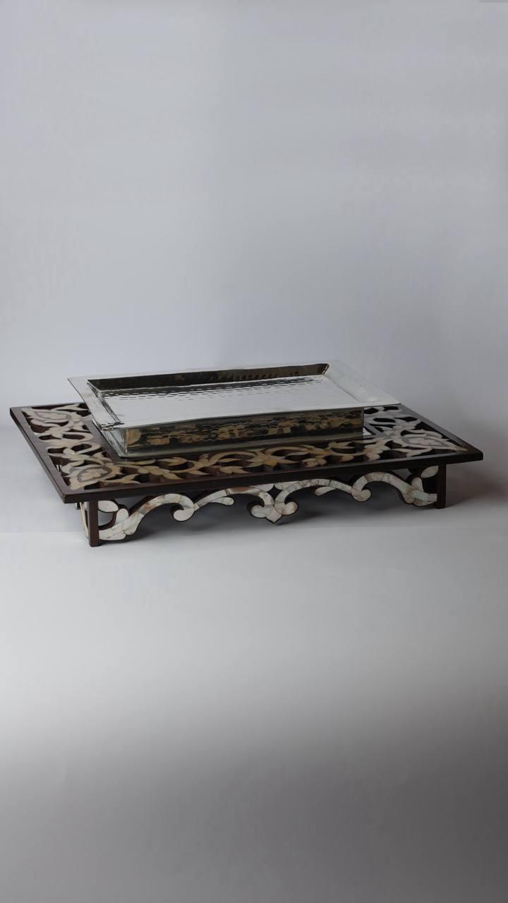 Set of serving trays consists of metal and msadaf wooden rectangular shape