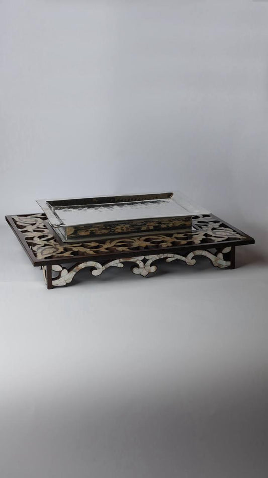 Set of serving trays consists of metal and msadaf wooden rectangular shape