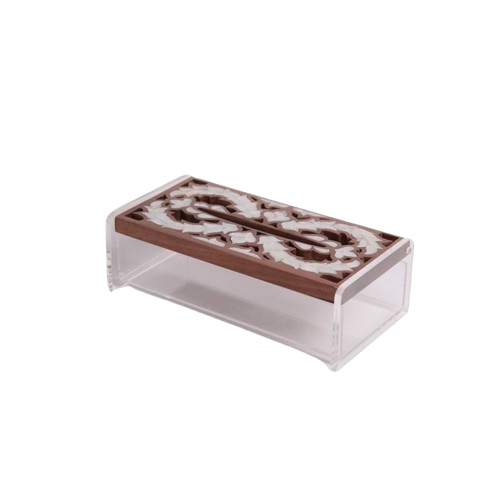 Plexiglass tissue box with a mother-of-pearl wood lid with a perforated mother-of-pearl pattern