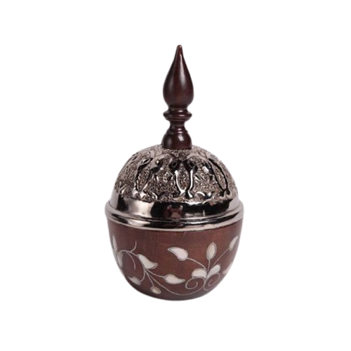 Round shell wooden incense burner with silver lid